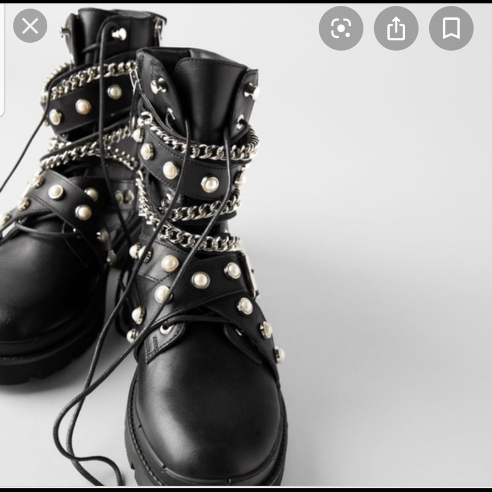 Zara black flat leather moto boots faux pearl NWT